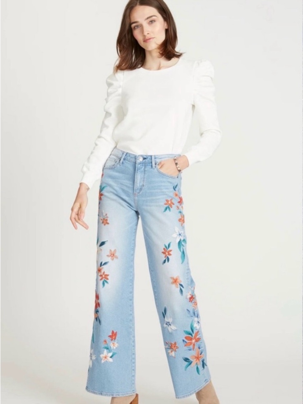 DRIFTWOOD Light Blue Embroidered Floral Wide-Leg Jeans
